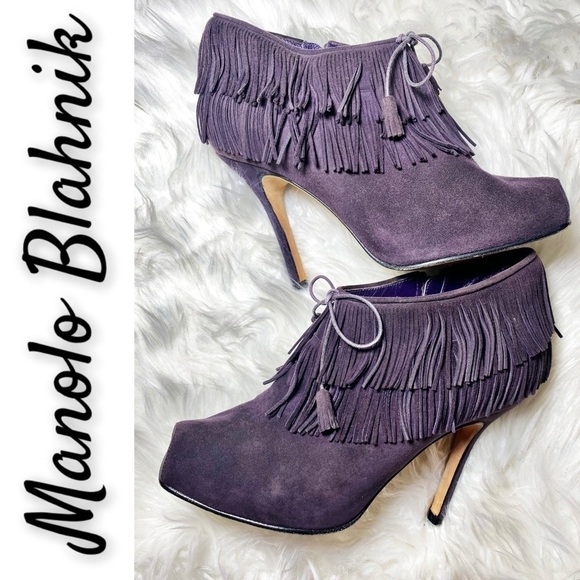 MANOLO BLAHNIK Plum Suede Fringe Peep Toe Bootie, Size 7 - Picture 1 of 10